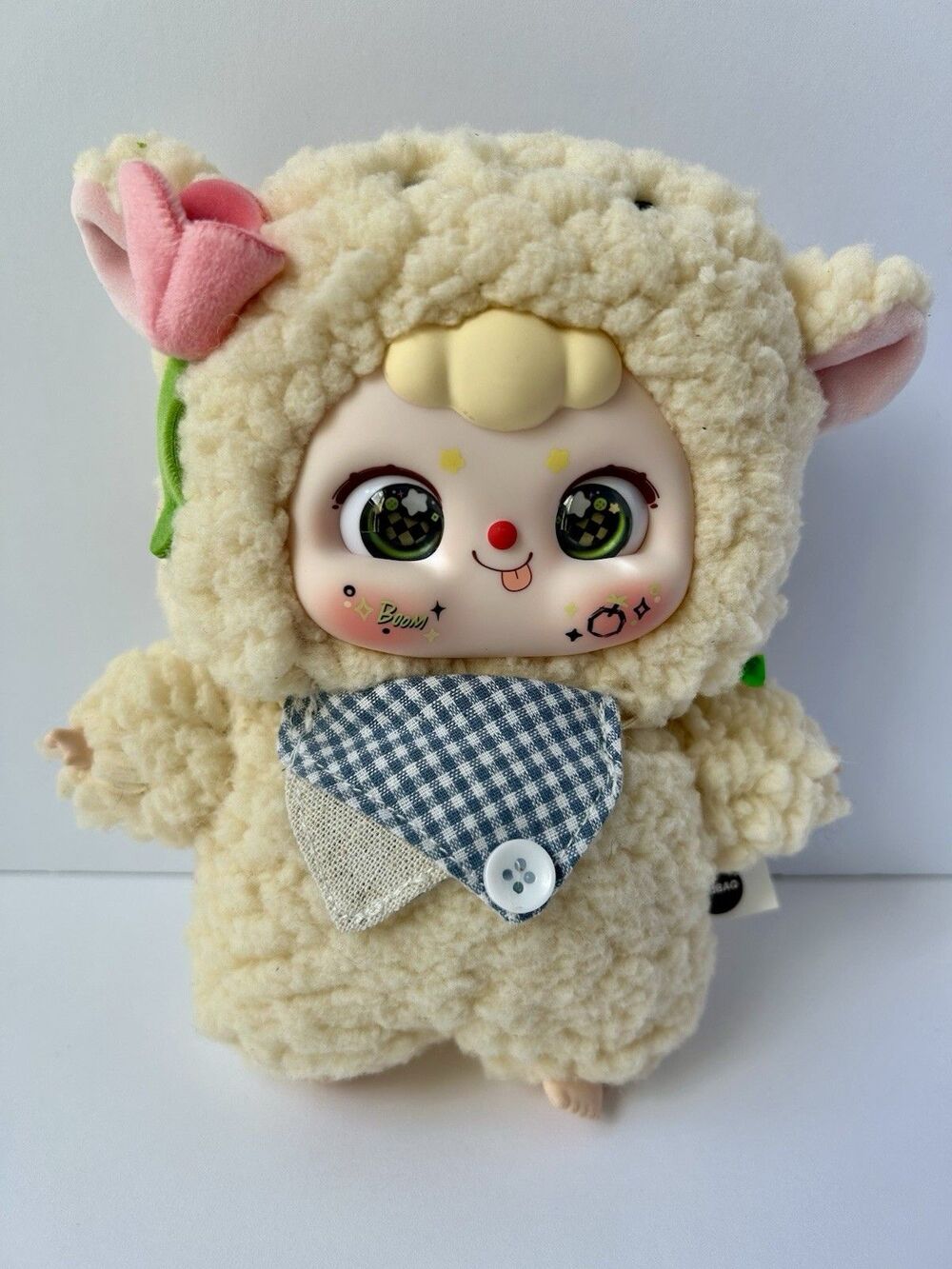 DOUBAO Sheep Plush Stuffed Animal Keychain Beige Pink Flower Blue Gingham Bib